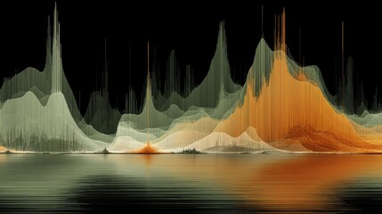 Abstract landscape, data visualization, peaks and valleys reflected on water