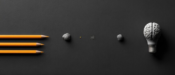 Three pencils, progressively larger objects, and a brain-shaped lightbulb on dark background