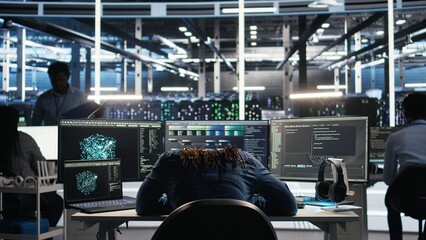 Irked data center IT expert smashing desk, upset by malfunctioning gear while using node tree...
