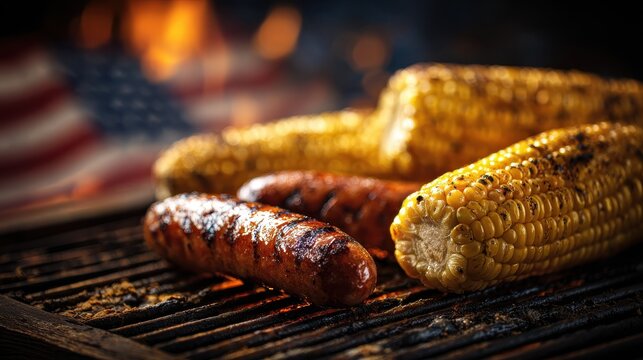 Grilling corn and sausages with american flag for festive outdoor summer barbecue
