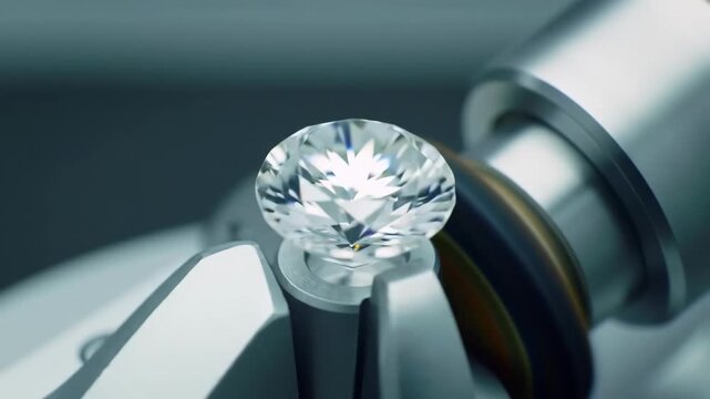 Diamond cutting machinery carefully transforming rough stone through precise grinding and polishing, revealing sparkling facets of precious gemstone manufacturing process