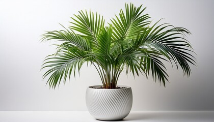 lush green areca palm plant in a textured white pot isolated on white background