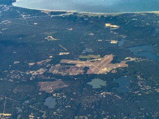 aerial view of landscape in Barnstable County, western Cape Code with lakes, Camp Edwards, Otis Air National Guard Base