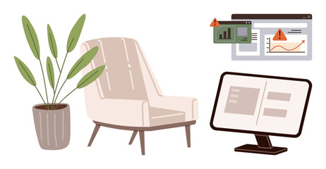 Chair beside a leafy plant, desktop monitor showing menus, and dashboards with alert signs. Ideal for workspace, productivity, comfort, stress, multitasking, data warning representation simple flat