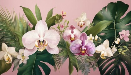 floral wallpaper with orchids and monstera assorted tropical flowers and leaves isolated on pink background