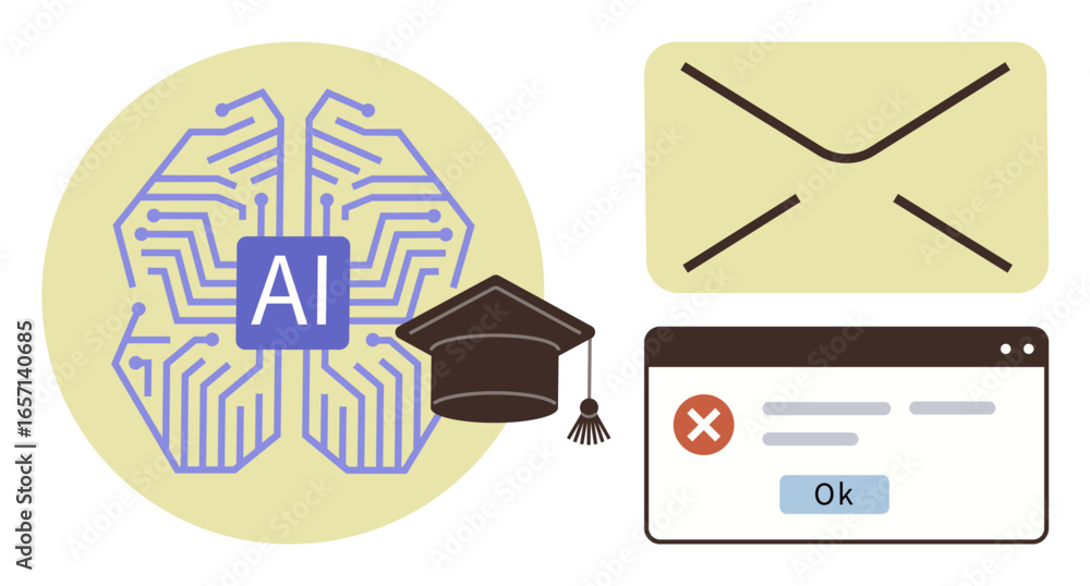 Poster ai-brain wiring next to graduation cap, envelope, error notification window. ideal for ai, learning,