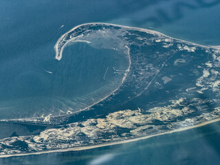 aerial landscape view of the extrem tip of Cape Cod peninsula in Massachusetts with shoreline, ...