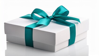 square white gift box with a teal ribbon and bow isolated on white