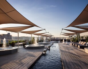 modern rooftop plaza with shade sails and decorative fountains