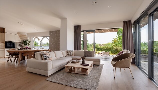 modern spacious living room with an open layout featuring stylish furniture and well coordinated decor