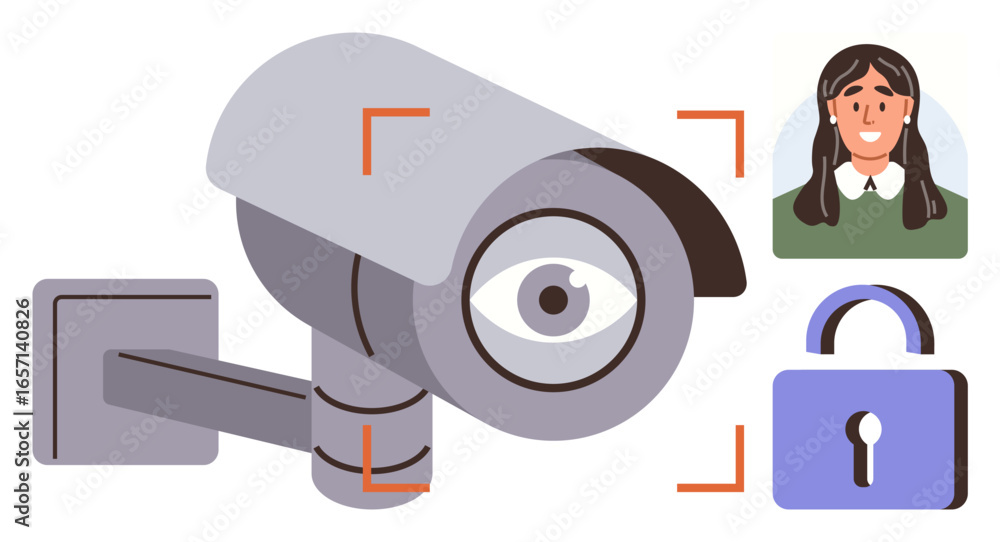 Poster surveillance camera scanning a face with user profile and padlock accentuating digital security and 
