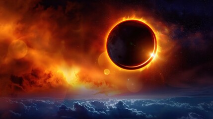 Dramatic solar eclipse showing the sun’s dark disk surrounded by a glowing white corona, with a faint twilight over a distant landscape of trees and hills, viewed safely with proper eye protection