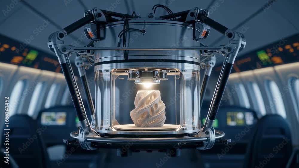 Poster zerogravity 3d printer in midoperation inside a flight rig demonstrating layerbylayer additive fabri