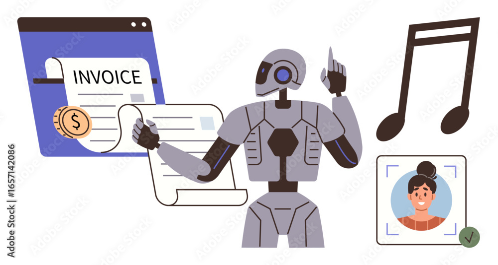Poster robot interacts with invoice document, facial recognition image, and music note. ideal for ai, autom