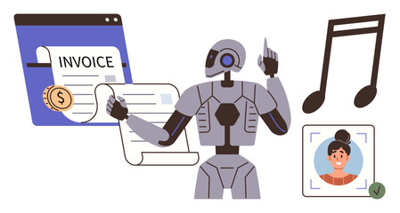 Robot interacts with invoice document, facial recognition image, and music note. Ideal for AI, automation, fintech, data management, entertainment technology robotics. Simple flat metaphor