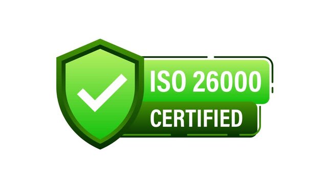 ISO 26000 and CE certification animated icons on white and blue background