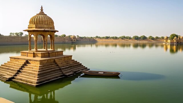 Scenic View of Gadsisar Lake with Golden Architecture at Jaisalmer India Reflecting on Calm Green Water Under Clear Blue Sky on Sunny Day