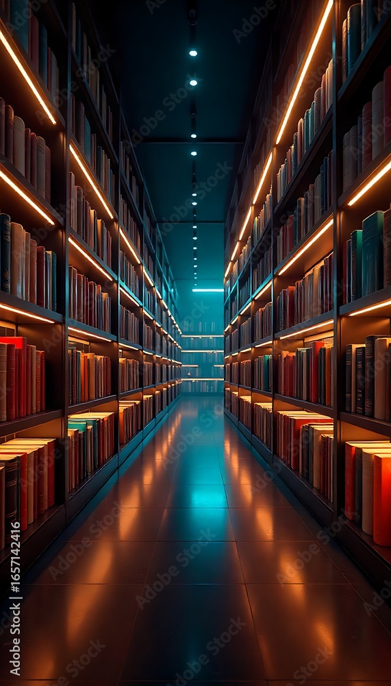 Aufkleber generative ai image of a futuristic library with glowing shelves and neon illumination creating