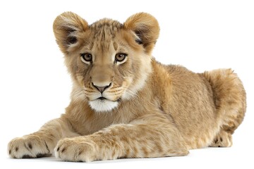 Obraz premium A young lion cub lying down looking directly at the camera on a white background