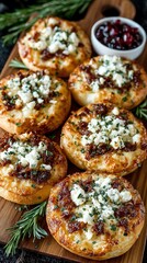 A wooden cutting board topped with mini pizzas covered in cheese.