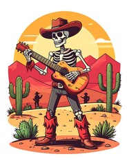 Obraz premium Skeleton cowboy plays guitar in desert