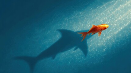 A goldfish swimming in clear water casting a giant shark shadow below. Perfect for creative projects, business metaphors, ambition, and inspirational visuals.