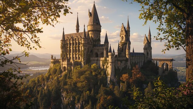 Enchanted gothic castle academy perched on a cliffside amidst autumn forests at sunset. - Powered by Adobe