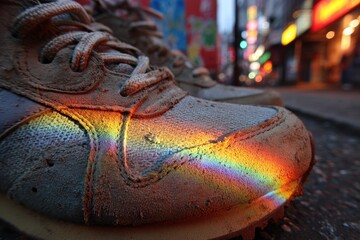 A close-up of retro sneakers with a colorful rainbow reflection on the toe box, urban background, highlighting the texture and vintage style of the footwear.