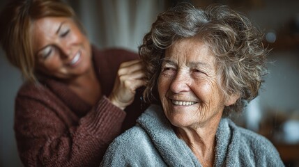 Senior african american woman in wheelchair receives affection from caregiver in living room during the day