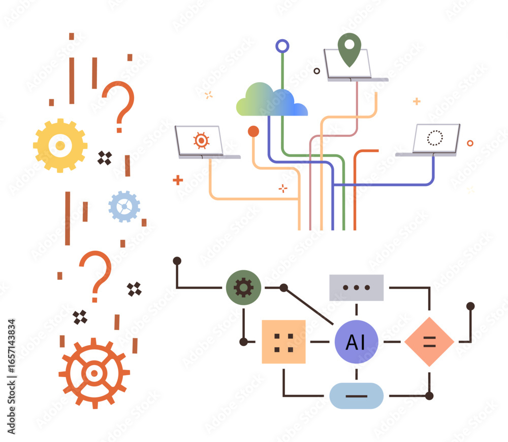 Poster gears, flowcharts, cloud systems, and ai nodes highlight tech integration, problem-solving, and data