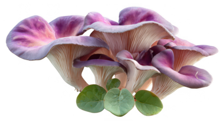 A set of pink and purple oyster mushrooms with green leaves, jpeg, png, transparent