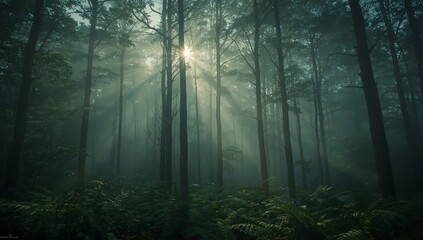 Fototapeta premium A tranquil scene of god rays shining through a dense, misty forest canopy, symbolizing hope and new beginnings in nature.