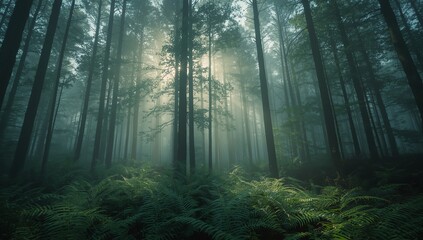 Obraz premium Magical sunbeams filtering through the misty canopy of an ancient, atmospheric forest.