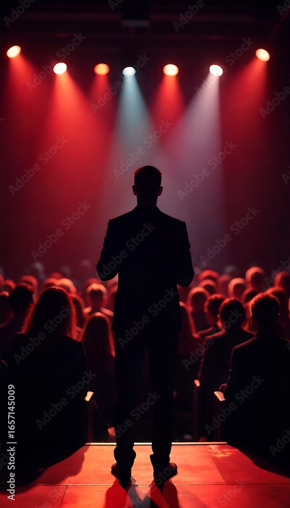 Poster generative ai: silhouette of a speaker commanding attention in a spotlight before a large audience