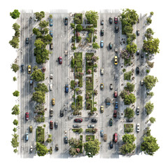 Aerial view of a city street intersection with trees and parked cars