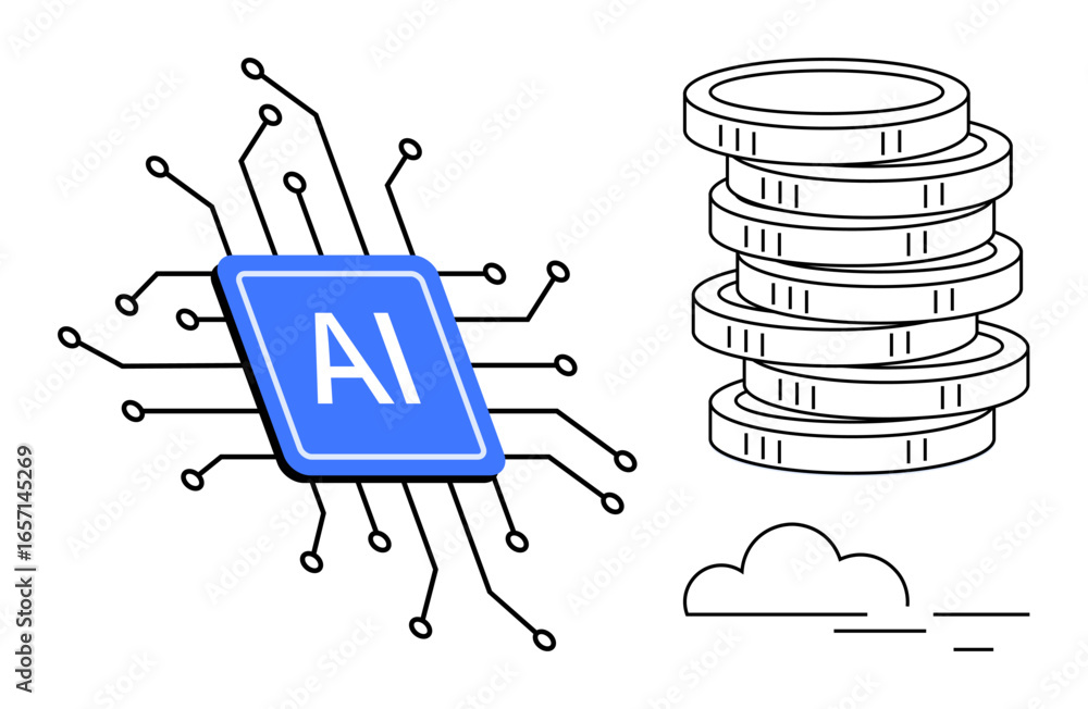 Poster blue ai chip with circuit connections next to stacked coins and a minimal cloud. ideal for ai, techn