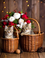 Kittens in baskets with flowers