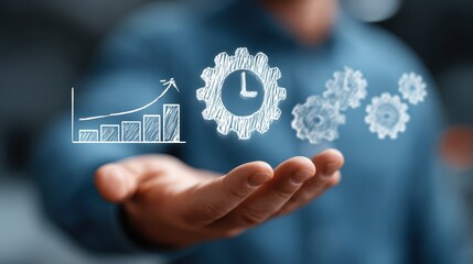 Man's hand displays graphics representing improved performance, time management, and productivity solutions