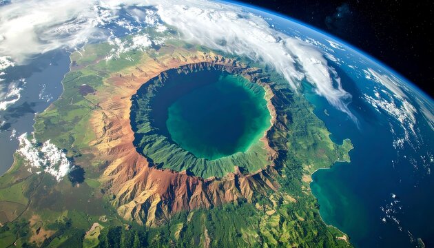 A vibrant, high-angle view of a volcanic caldera lake nestled within a ring of dramatic mountains, encircled by lush greenery and coastal waters.