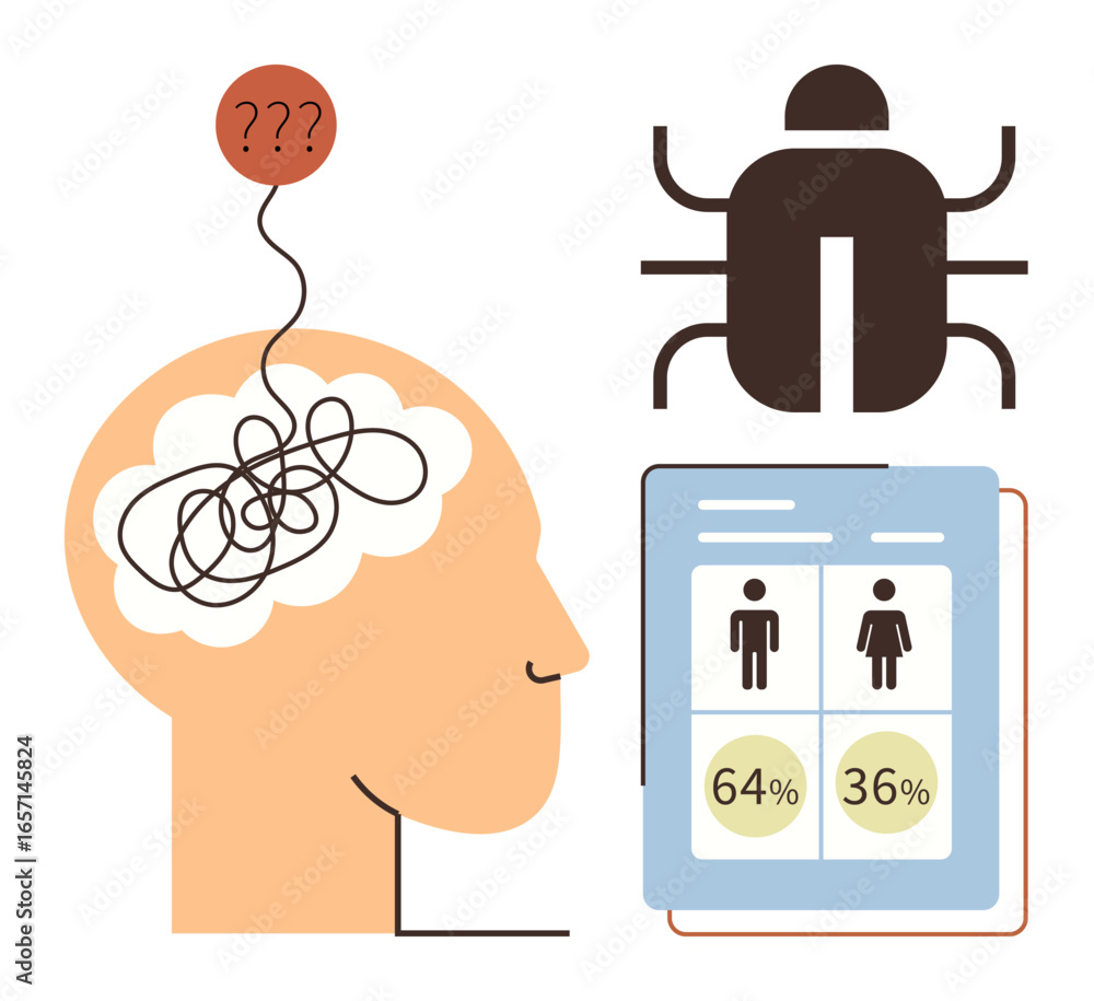 Poster tangled thoughts in a human brain, comparison chart with gender statistics, large bug above it. idea