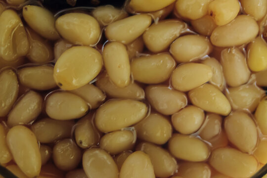 Pine nuts in pine syrup close-up. Siberian sweet treat. Macro background.