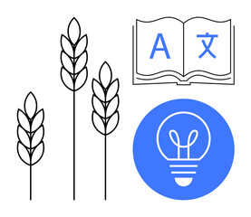 Wheat stalks symbolize agriculture, an open book represents multilingual education, and a lightbulb signifies innovation. Ideal for sustainability, farming, education, research, technology