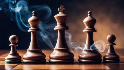 A close-up of wooden chess pieces arranged on a chessboard. The pieces include a king, queen, and pawns, with smoke swirling around them.