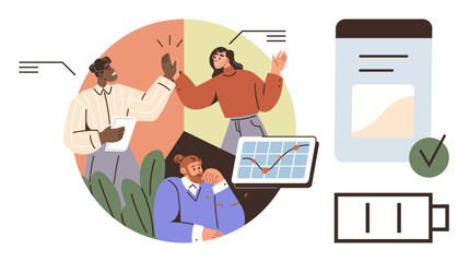 Diverse team collaborating, sharing ideas, celebrating with high-fives. Graph trends, battery icon, document. Ideal for teamwork, productivity, progress creativity motivation goal-setting