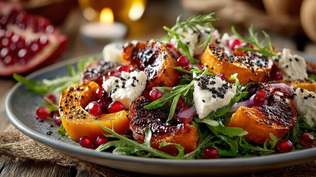Fall harvest salad with roasted pumpkin, beetroot, goat cheese and pomegranate seeds on rustic table - Powered by Adobe