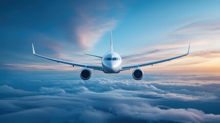 Obraz premium Airplane Flying Above Clouds at Sunset with Beautiful Sky Colors