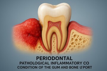 Medical illustration depicting molar tooth cross section with periodontitis, revealing gum inflammation destroying supporting bone structure