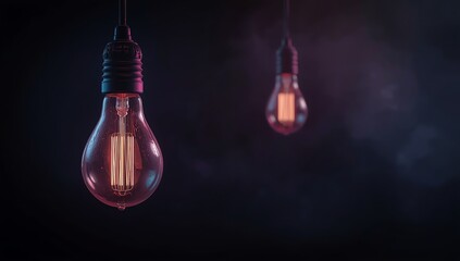 Two vintage Edison light bulbs with glowing filaments suspended in a dimly lit, smoky atmosphere, evoking a sense of nostalgia and inspiration