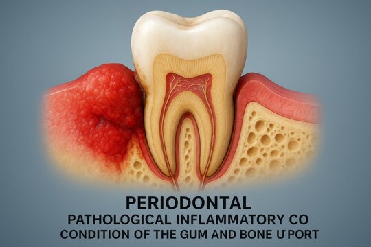 Medical illustration depicting molar tooth cross section with periodontitis, revealing gum inflammation destroying supporting bone structure