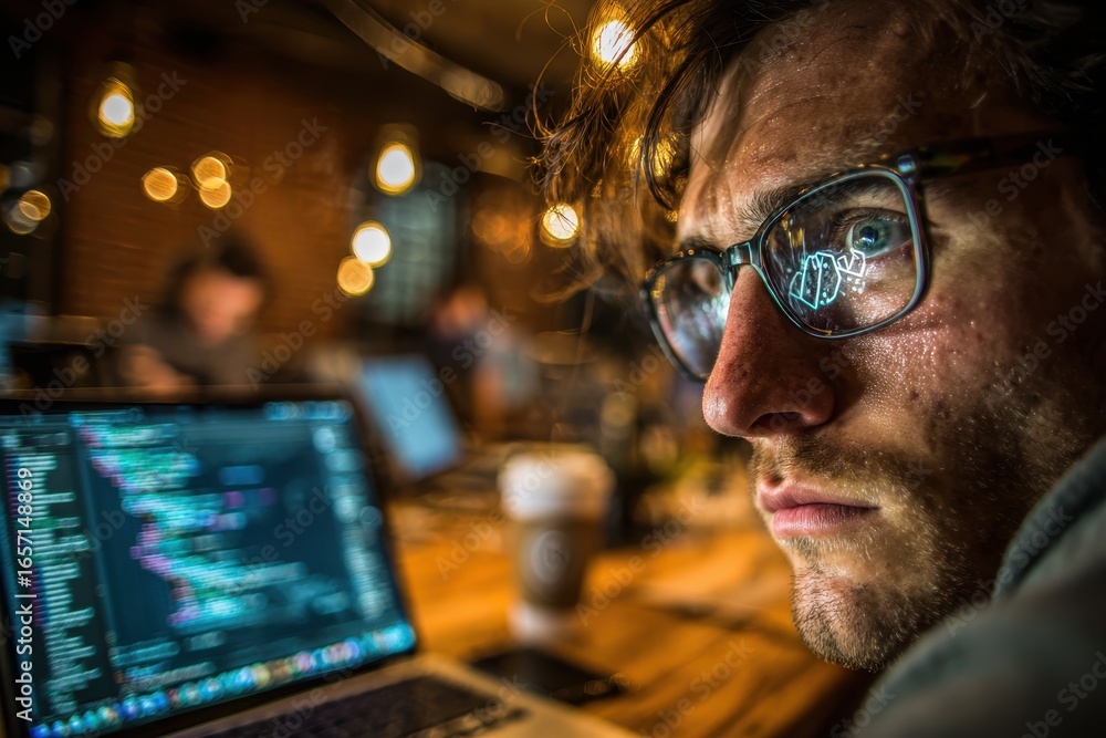 Aufkleber close-up of focused programmer with glasses, illuminated by code reflecting in them, working late on